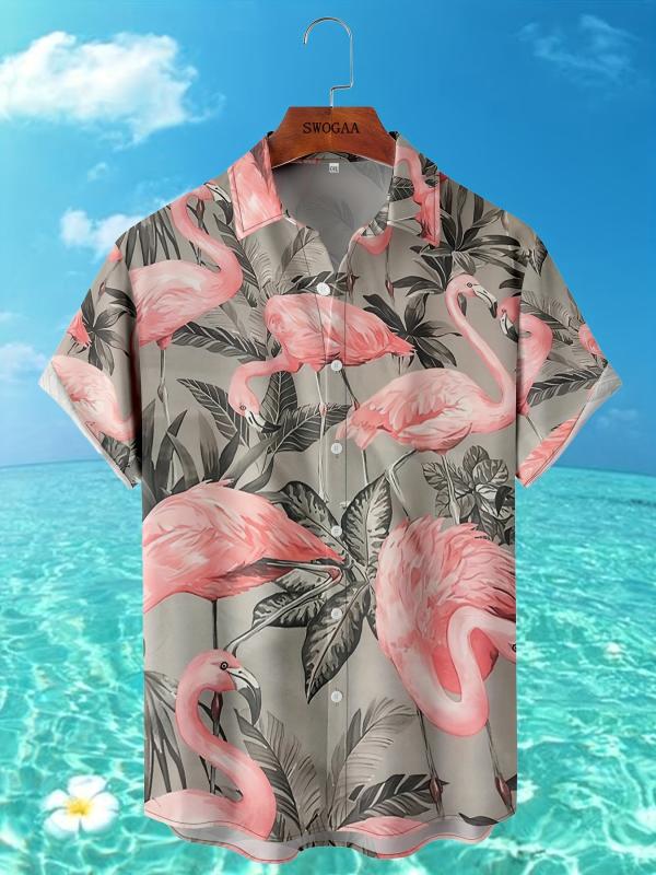 Flamingo Print Men s Short Sleeve Hawaiian Shirt - Summer Vacation Resort
