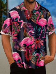 Flamingo Print Men s Short Sleeve Hawaiian Shirt - Summer Vacation Resort