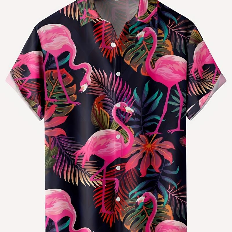 Flamingo Print Men s Short Sleeve Hawaiian Shirt - Summer Vacation Resort