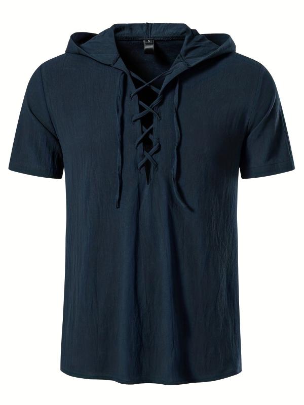Men's Casual Lace Up Hooded Short Sleeve Shirt