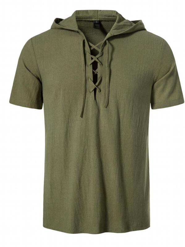 Men's Casual Lace Up Hooded Short Sleeve Shirt