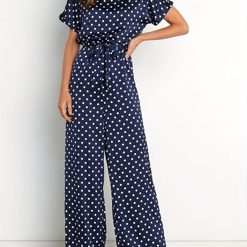 Polka Dot Wide Leg Jumpsuit Short Sleeve Jumpsuit