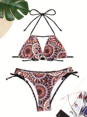 Tribal Floral Print Halter Neck Bikini Set