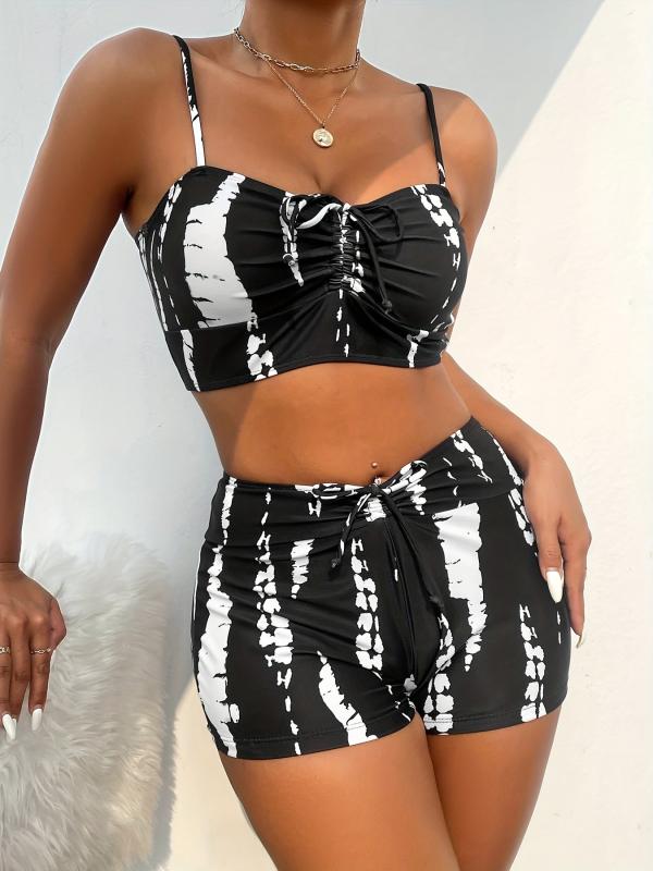 Bow Tie Front Tankini Set Spaghetti Straps High Waist Boxer Shorts