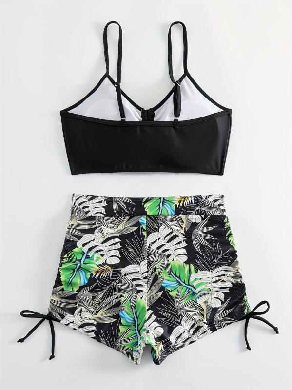 Tropical Leaf Print Bikini Set High Waist Two Piece Swimsuit