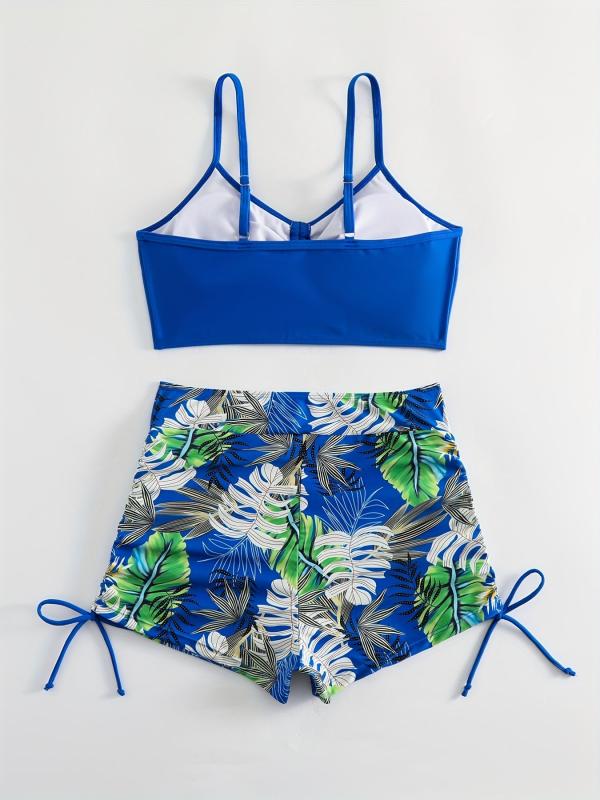 Tropical Leaf Print Bikini Set High Waist Two Piece Swimsuit