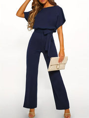 Tie Waist Straight Leg Jumpsuit Short Sleeve Spring & Summer