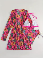 Tropical Print Bikini Set Halter Neck Tie Side High Cut with Cover Up Shirt