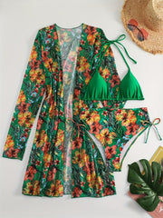 Tropical Print Bikini Set Halter Neck Tie Side High Cut with Cover Up Shirt