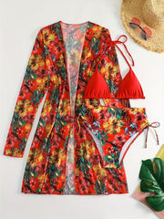 Tropical Print Bikini Set Halter Neck Tie Side High Cut with Cover Up Shirt