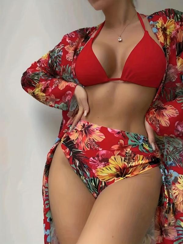 Tropical Print Bikini Set Halter Neck Tie Side High Cut with Cover Up Shirt