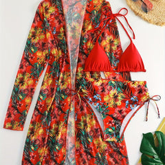 Tropical Print Bikini Set Halter Neck Tie Side High Cut with Cover Up Shirt