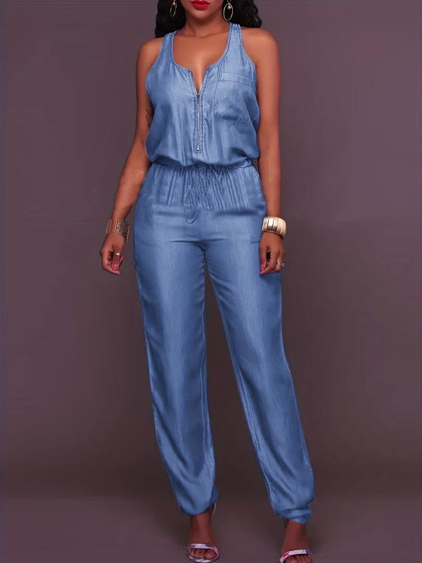Elastic Band Waist Denim Jumpsuit Zipper Front Denim Overalls