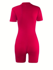 Sexy Short Sleeve Half Zip Bodycon Jumpsuit