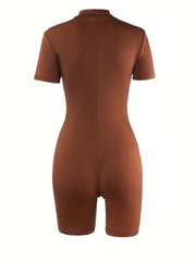 Sexy Short Sleeve Half Zip Bodycon Jumpsuit