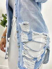 Distressed Denim Jacket Long Button Up Ripped Jean Jacket