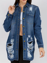 Distressed Denim Jacket Long Button Up Ripped Jean Jacket
