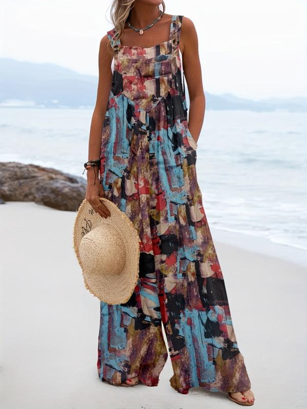 Hippie Patchwork Ethnic Print Jumpsuit Sleeveless Wide Leg