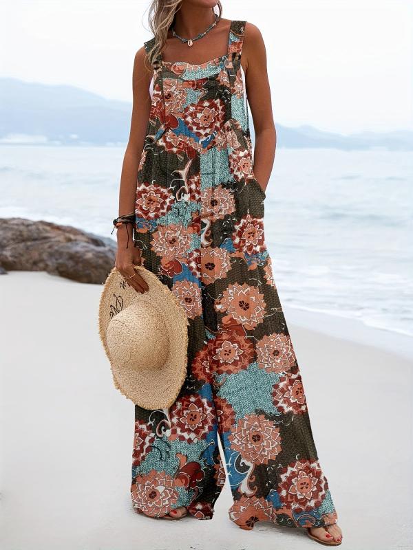 Hippie Patchwork Ethnic Print Jumpsuit Sleeveless Wide Leg