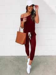 Casual Slanted Shoulder Jumpsuit with Drawstring