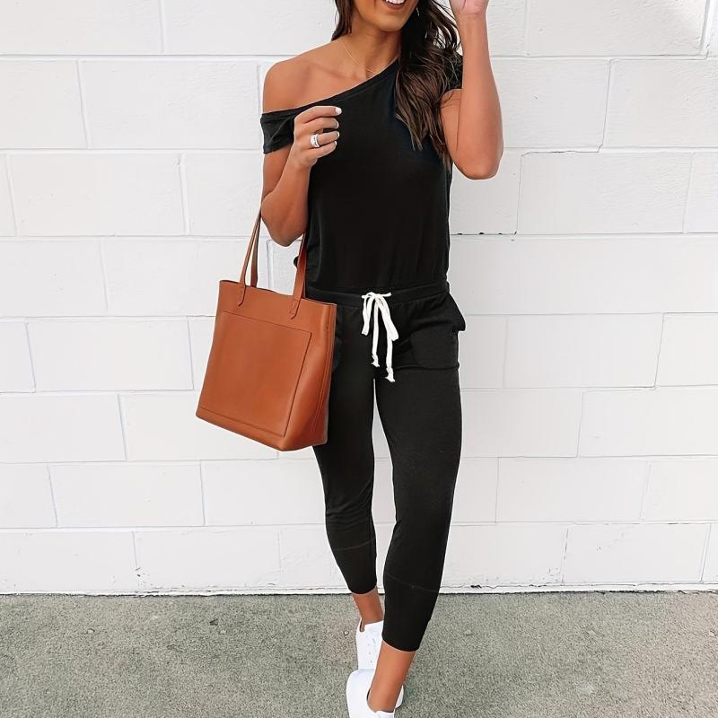 Casual Slanted Shoulder Jumpsuit with Drawstring