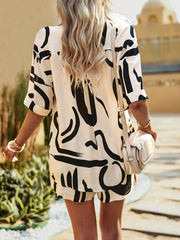 Abstract Print Short Sleeve Blouse & Drawstring Pants Set