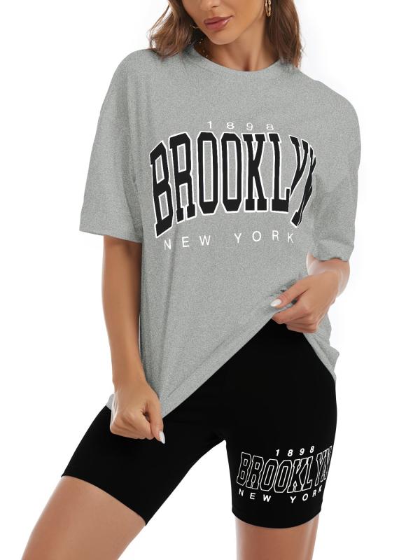 Stylish Letter Print Two piece Set Crew Neck T shirt & Slim Shorts
