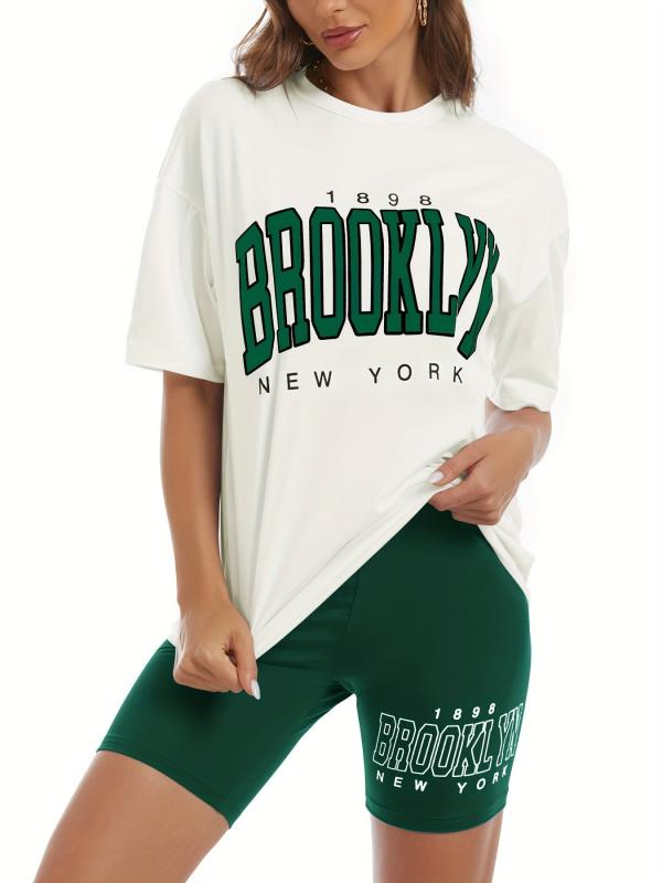 Stylish Letter Print Two piece Set Crew Neck T shirt & Slim Shorts