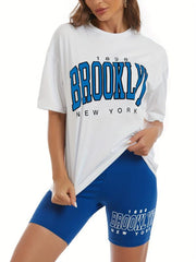 Stylish Letter Print Two piece Set Crew Neck T shirt & Slim Shorts