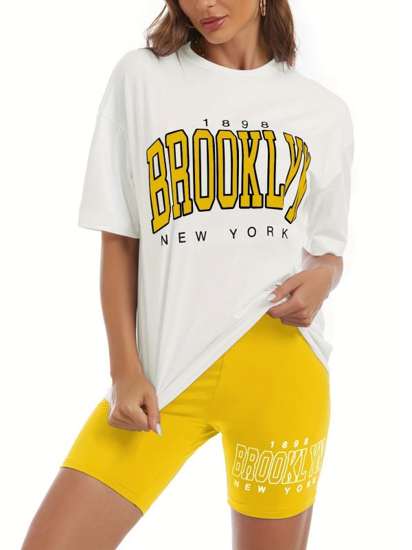 Stylish Letter Print Two piece Set Crew Neck T shirt & Slim Shorts