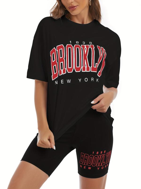 Stylish Letter Print Two piece Set Crew Neck T shirt & Slim Shorts