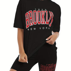 Stylish Letter Print Two piece Set Crew Neck T shirt & Slim Shorts