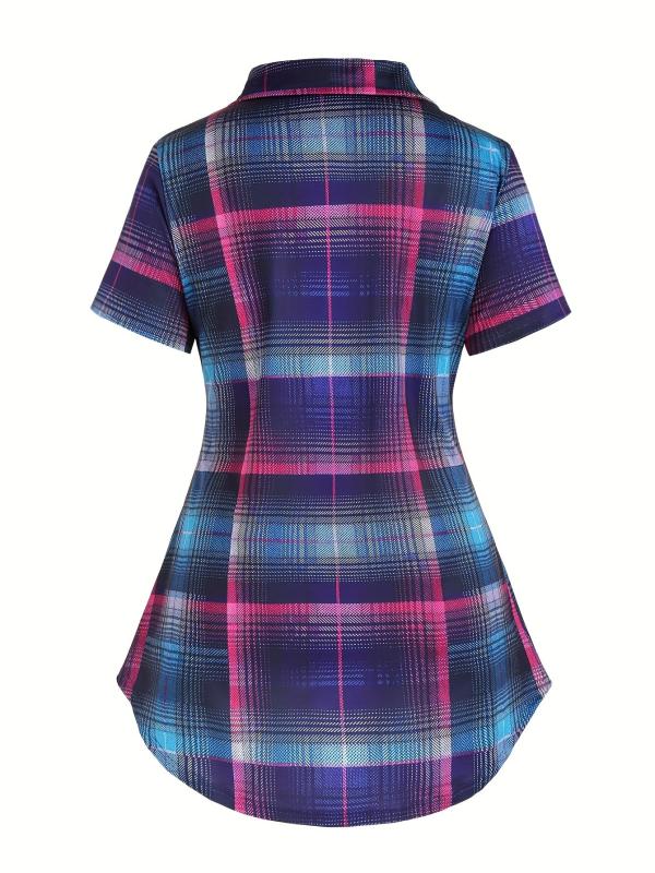 Plaid Print Button Front Shirt & Solid Cami Top Set