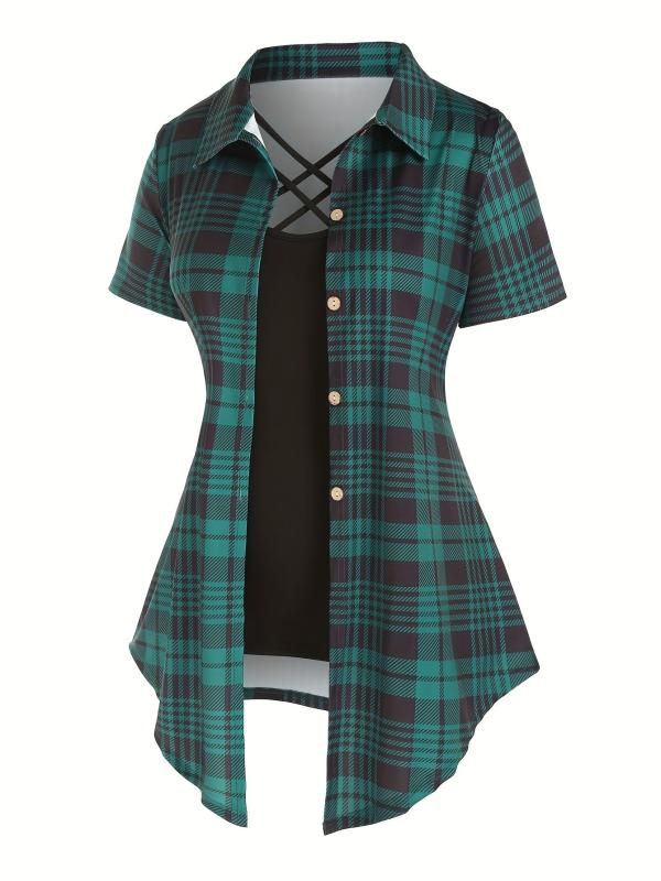 Plaid Print Button Front Shirt & Solid Cami Top Set