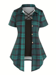 Plaid Print Button Front Shirt & Solid Cami Top Set