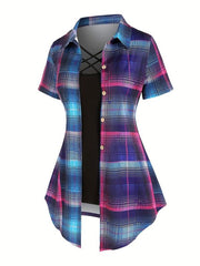 Plaid Print Button Front Shirt & Solid Cami Top Set