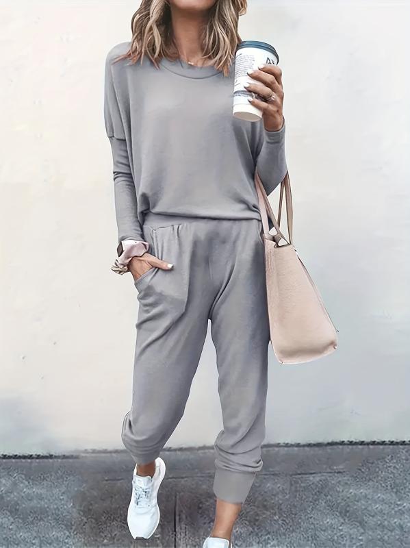 Casual Sporty 2pcs Set Long Sleeve Top & High Waist Pants