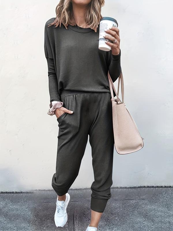 Casual Sporty 2pcs Set Long Sleeve Top & High Waist Pants