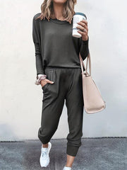 Casual Sporty 2pcs Set Long Sleeve Top & High Waist Pants