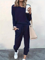 Casual Sporty 2pcs Set Long Sleeve Top & High Waist Pants