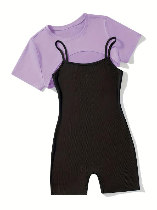 Casual 2-Piece Short Sleeve Crop Top & Cami Romper Set