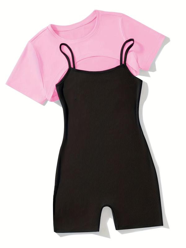 Casual 2-Piece Short Sleeve Crop Top & Cami Romper Set