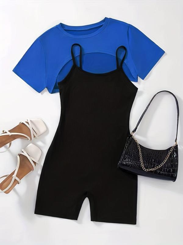 Casual 2-Piece Short Sleeve Crop Top & Cami Romper Set