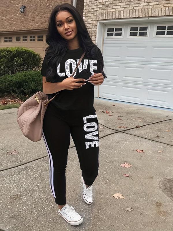 Casual Two piece Set Short Sleeve T shirt & Side Striped Pants
