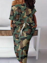 Camouflage Two Piece Skirt Set Short Sleeve T shirt & Drawstring Skirt