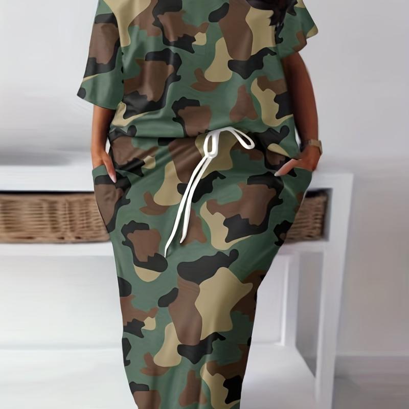 Camouflage Two Piece Skirt Set Short Sleeve T shirt & Drawstring Skirt