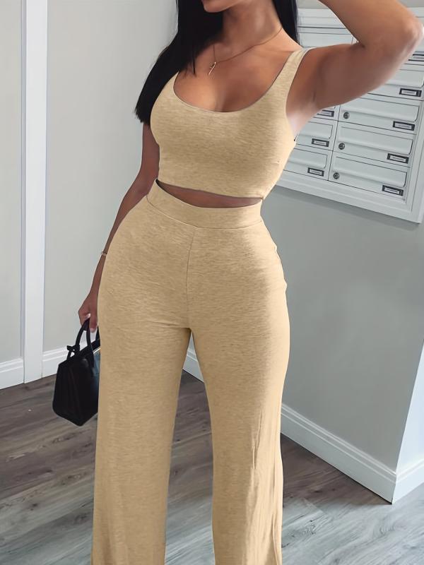 Casual Workout 2 Pieces Set Tank Top & Wide Leg Pants Women's Clothing