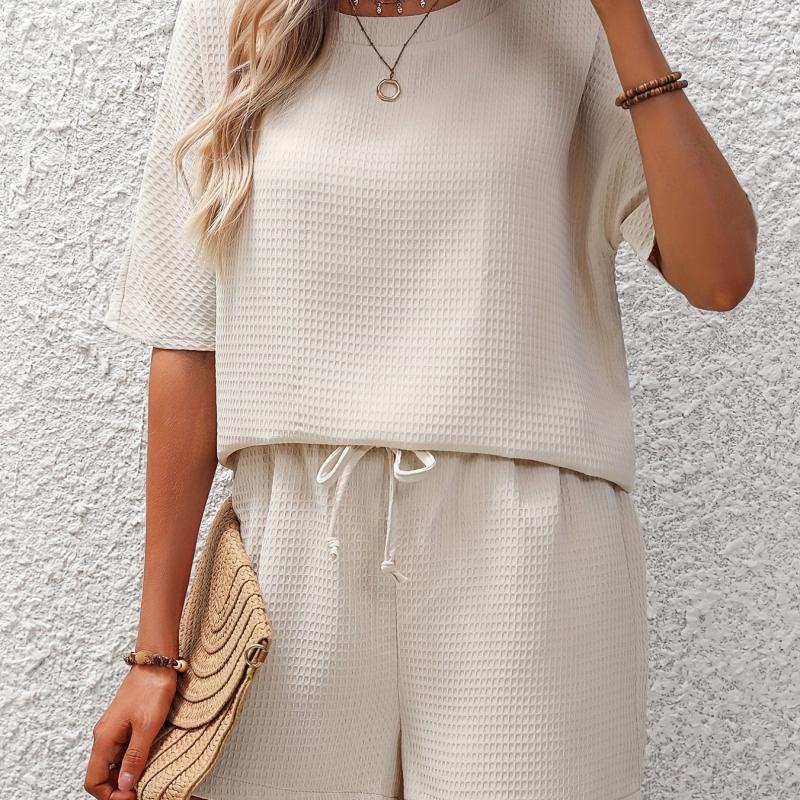 Waffle Two Pc Set Crew Neck Tee & Shorts