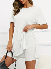 Solid Ribbed Two piece Set Short Sleeve Split Tee & Slim Shorts