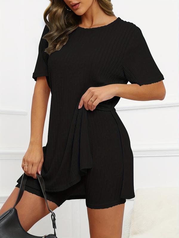 Solid Ribbed Two piece Set Short Sleeve Split Tee & Slim Shorts